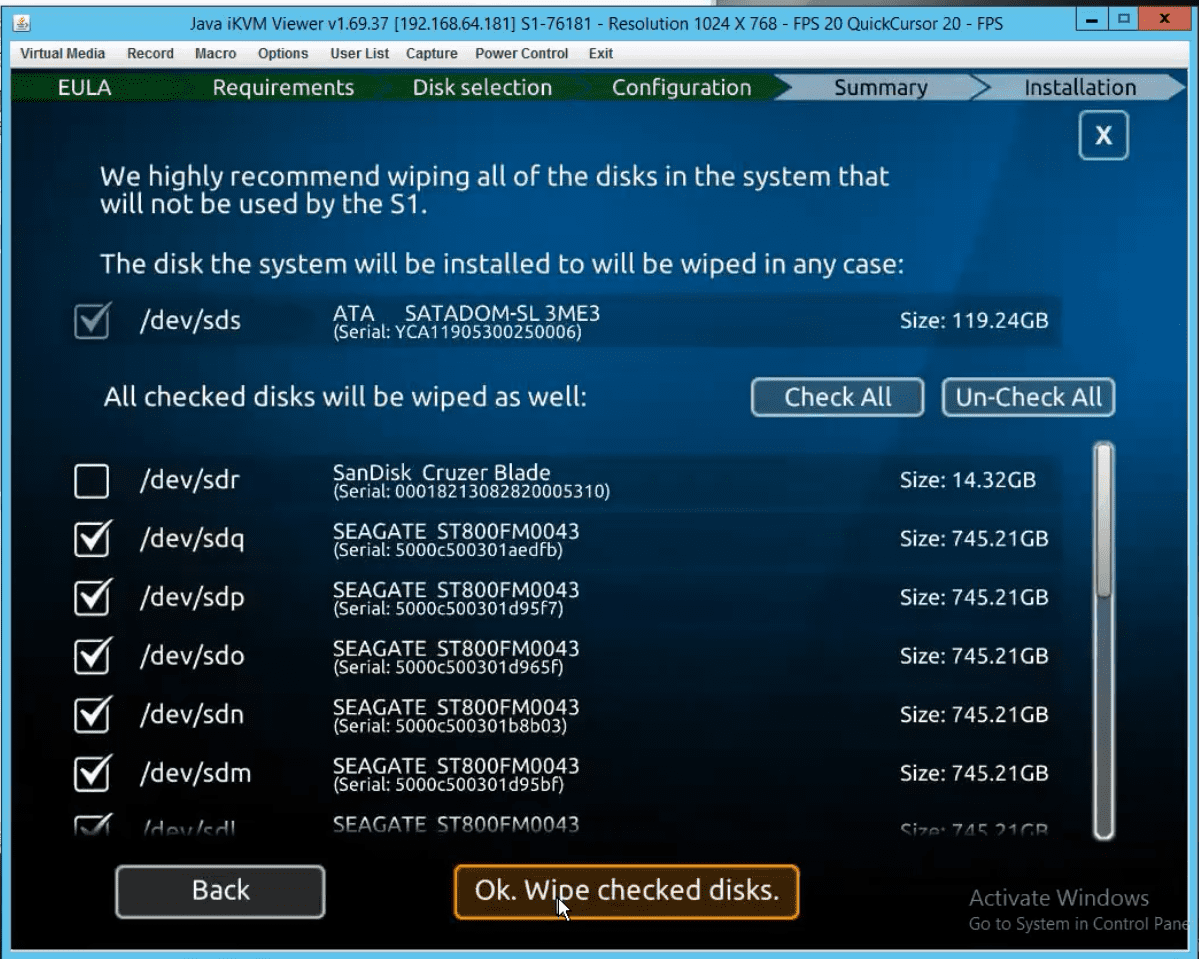 The S1 disk summary screen The S1 summary screen